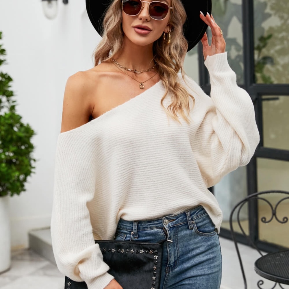 Boat Neck Horizontal Ribbing Dolman Sleeve Women's Sweater